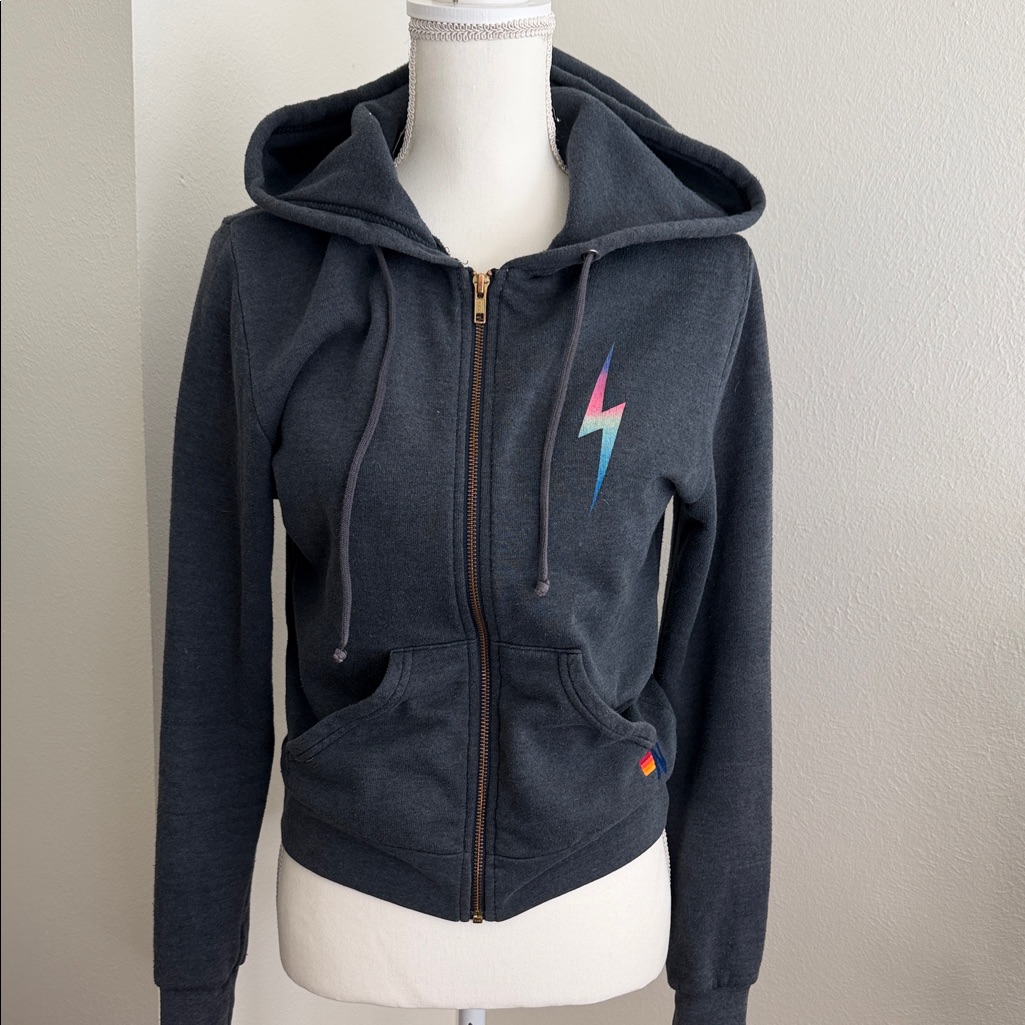 Aviator Nation Charcoal Zip Hoodie With Pink & Blue Lightning Bolt